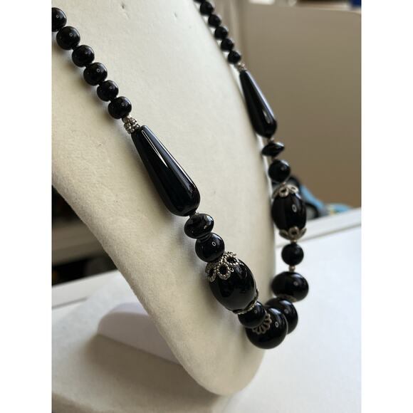 Genuine Black Onyx Beads Silver Plated Beaded Gemstone Necklace 21” - Picture 1 of 5